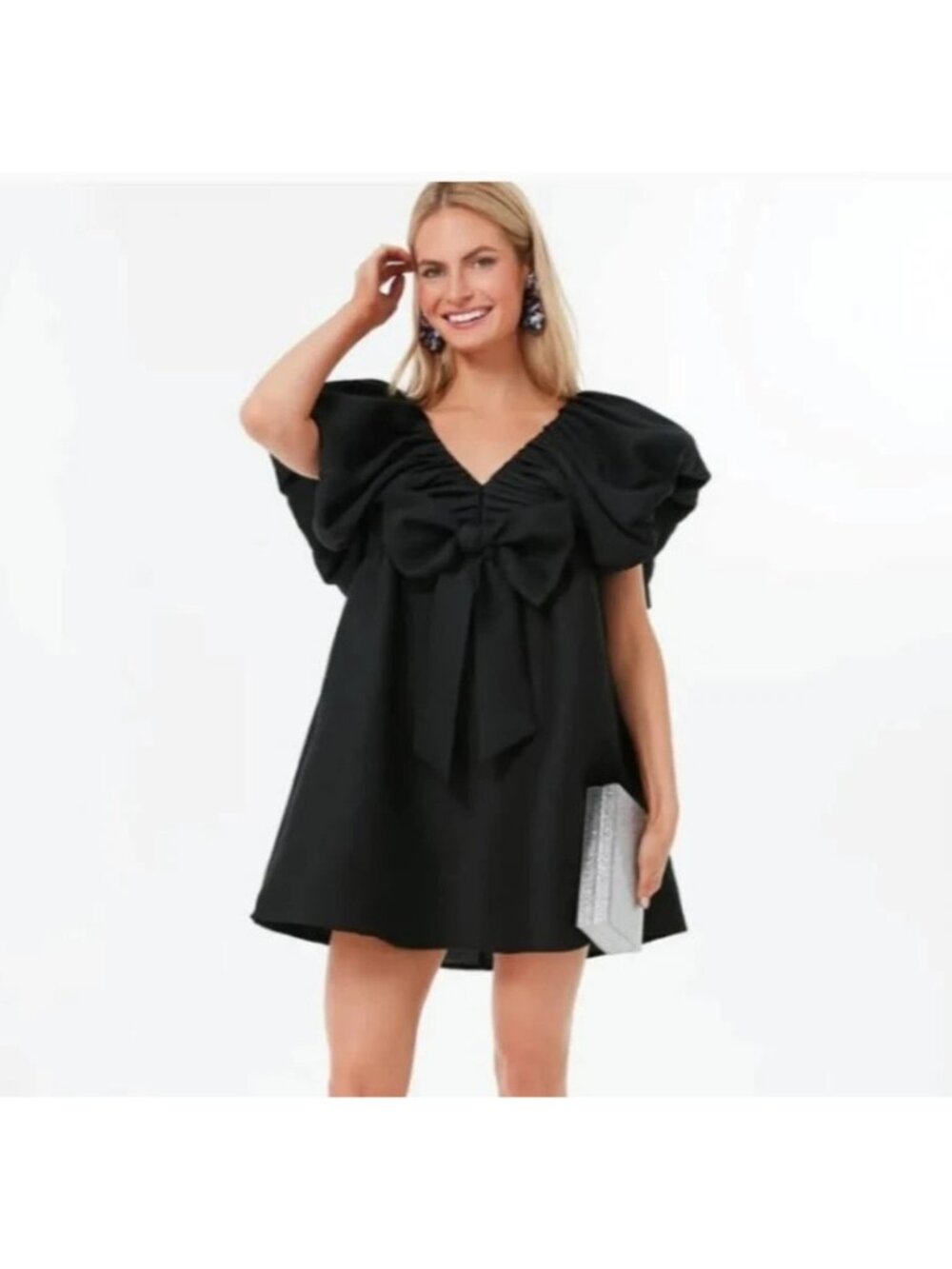 Tuckernuck Black Brooke Mini Bow Dress XXS Puff Sleeve Babydoll Cocktail Party